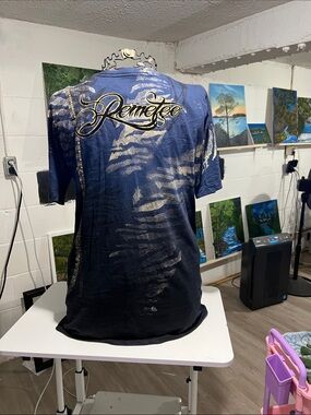 Remetee Women's Short Sleeve Tee in Navy Blue with Metallic Script